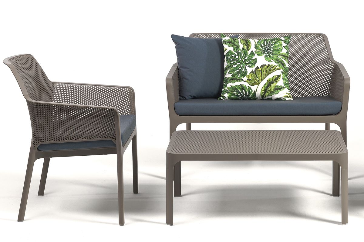 Nardi Net sett 2+1+1 m/puter+bord - gråbeige/denimblå