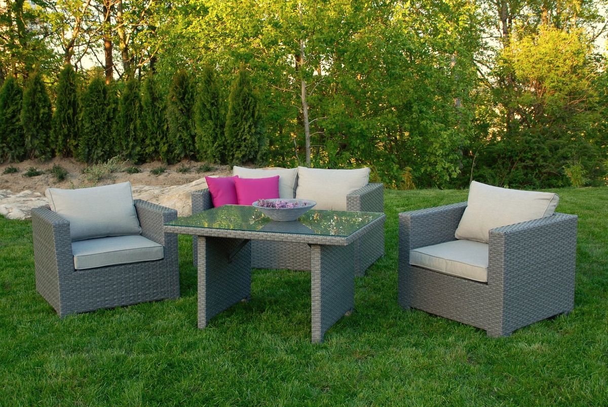 Cube sett 2+1+1 m/puter+spisebord - gråmelert/strandgrå