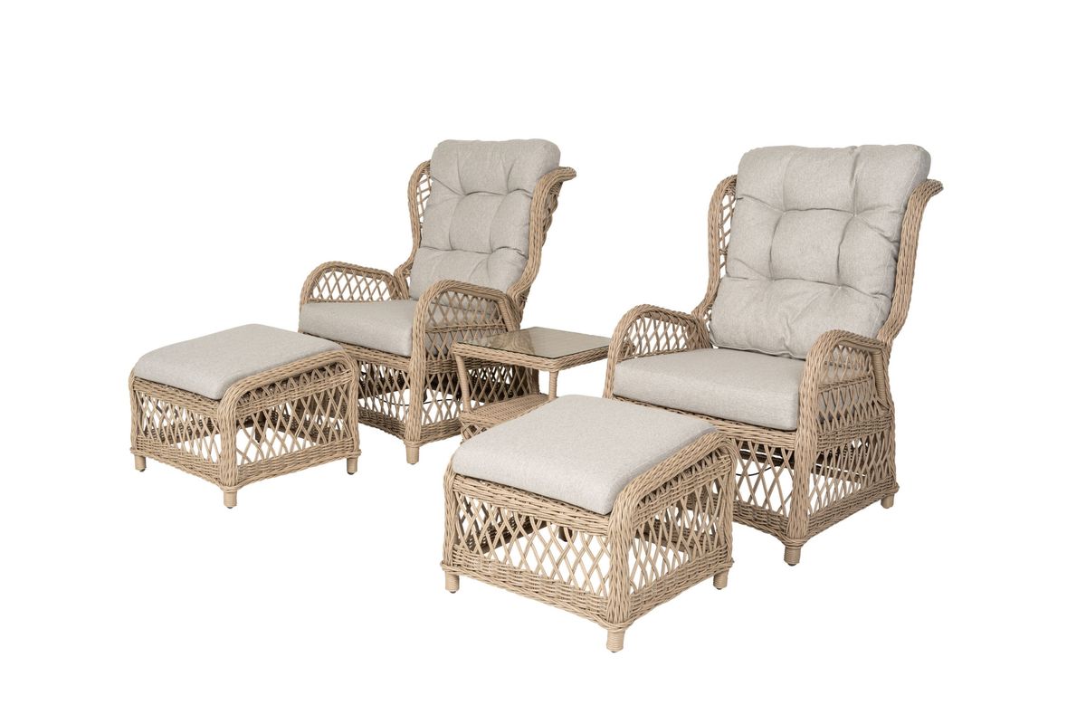 Catalina sett 2 regulerbare stoler+paller m/puter+bord - natur/lys gråbeige